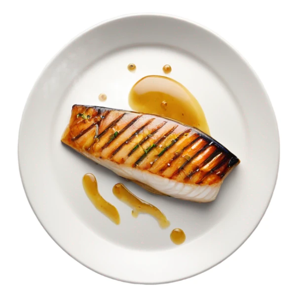 grilled fish fillet with brown butter sauce on white plate sticker