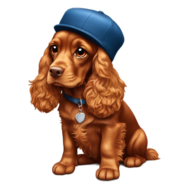 A full-length, adult, red cocker spaniel in a New Year's cap, siting sticker