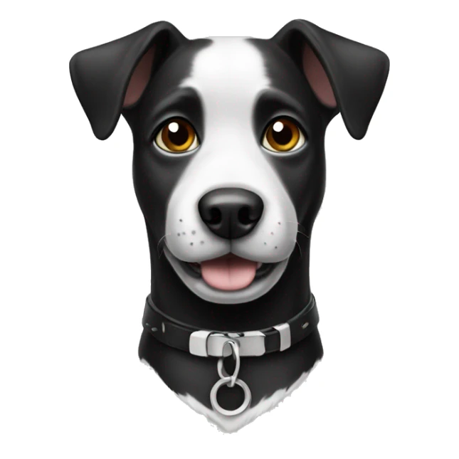 Black and white dog wearing a black collar sticker