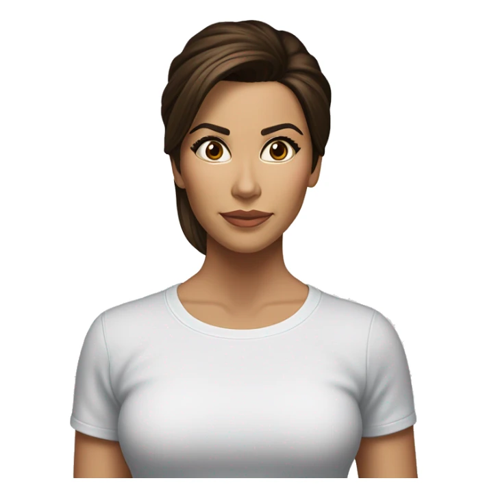 3/4 face, contrasted, shadow, light, Eva Longoria expression, standing from a distance, thin nose, brunette woman, hazel eyes, long eyelashes, dark shoulder shaded hair, white t-shirt, jeans, white sneakers sticker
