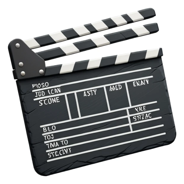 stylized movie clapperboard with minimal detail, black slate with white stripe sticker