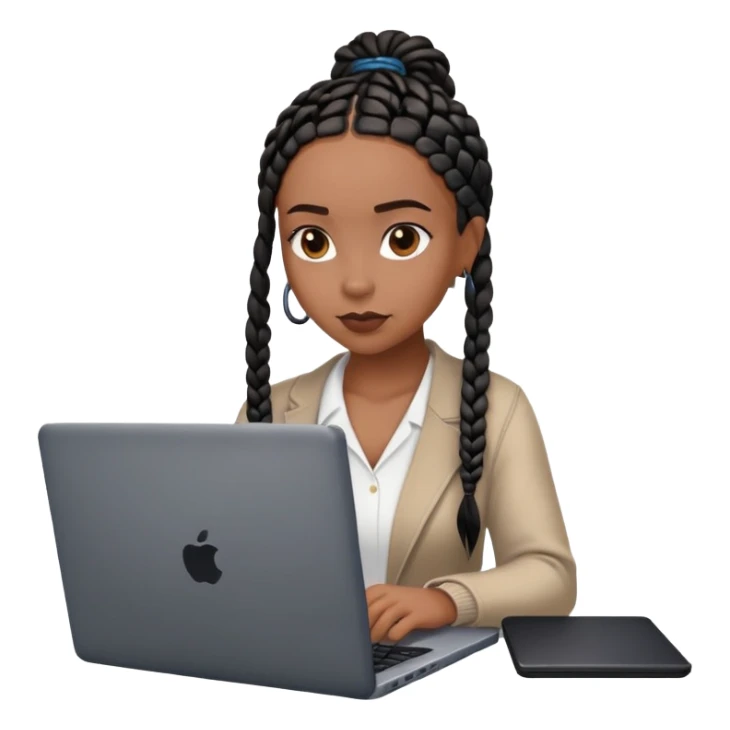  A dark brown woman with black box braids sitting behind a laptop, typing or looking at the screen. sticker