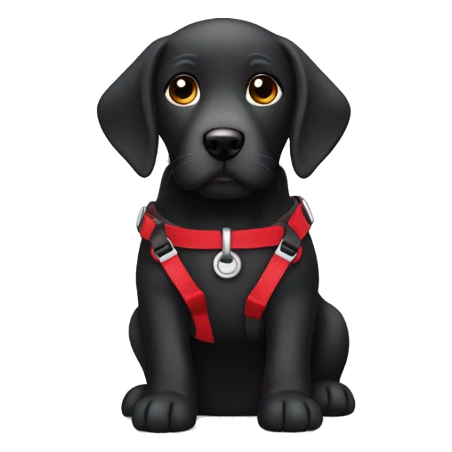 Black lab with puppy face wearing a red harness sticker