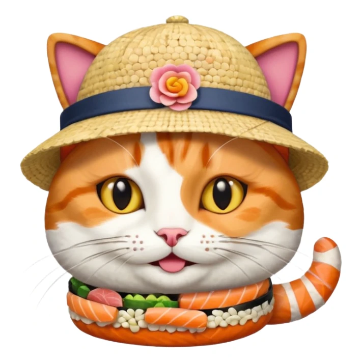 happy cat wearing a hat made out of sushi pieces sticker
