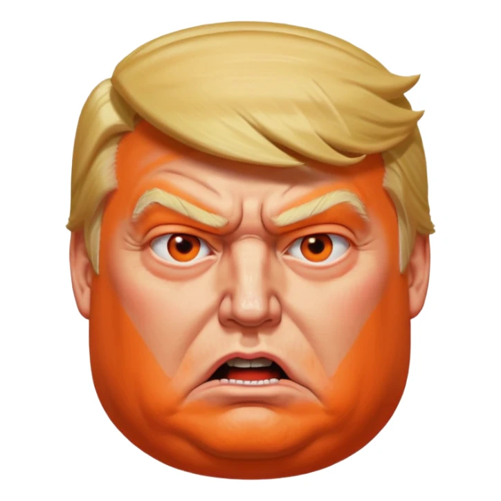 PLEASE MAKE 3 VERSIONS OF AN ISOMETRIC 3D ICON OF A DONALD TRUMP CHARACTER, FROM AN OVERHEAD ISOMETRIC ANGLE, WITH AN ANGRY AND CONFUSED EXPRESSION, HEAVY JOWELS, WITH EXCESSIVE ORANGE MAKEUP, A VERY LARGE, BLOATED STOMACH, AND VERY LARGE ANGLES. sticker