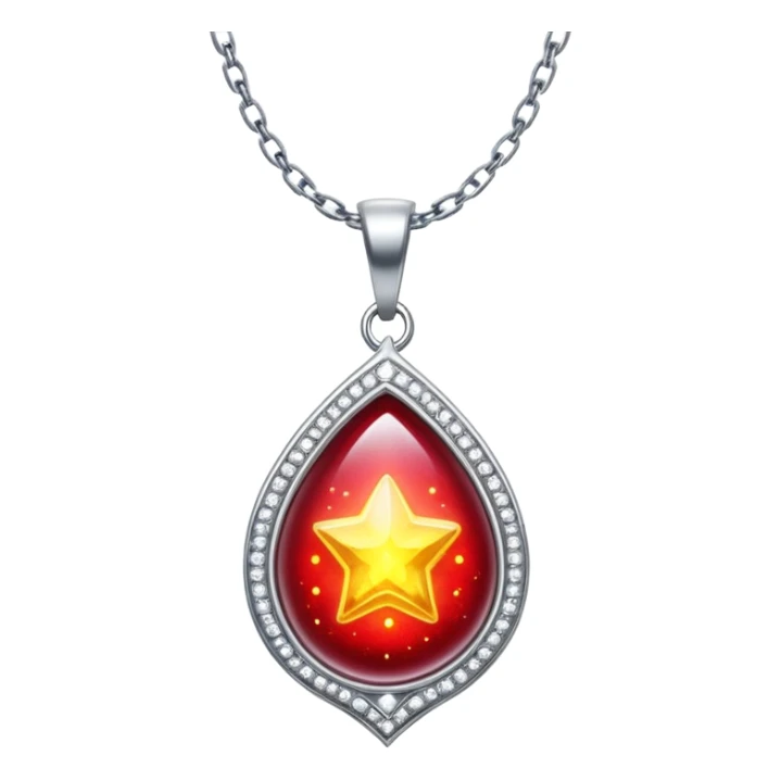 cosmic talisman: red-yellow glowing pendant, liquid silver chain, stardust particles sticker