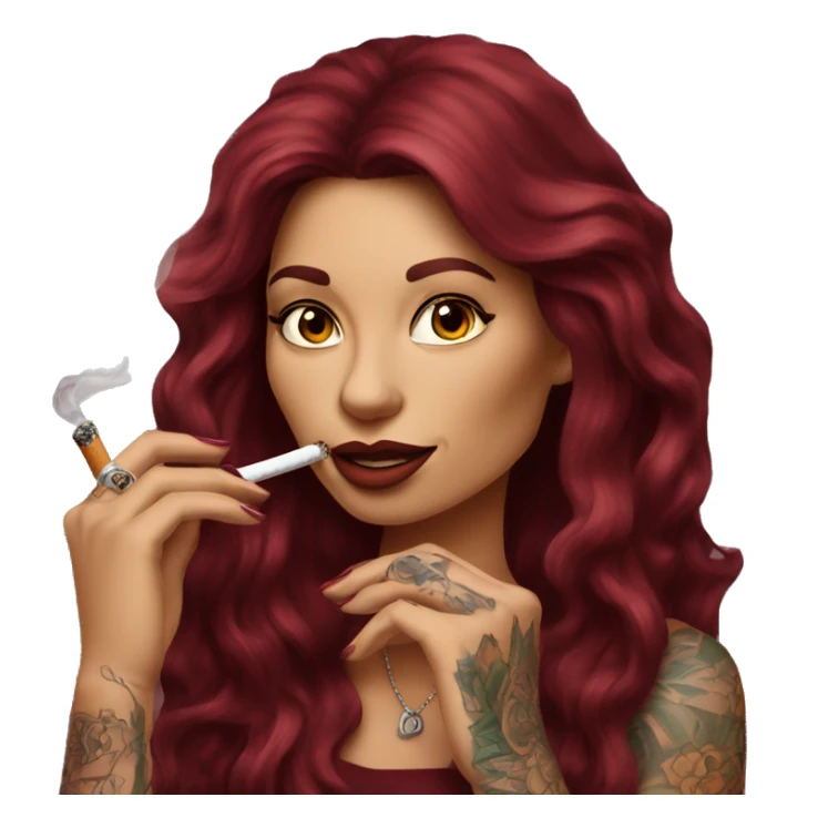 Beautiful tattooed burgundy long haired woman smoking a cigarette sticker