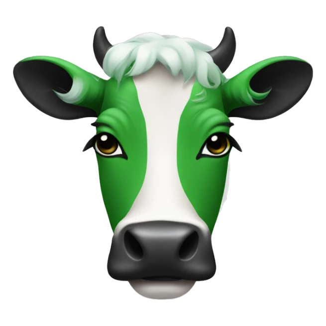 A cow with green hair and black lips and beown colour sticker
