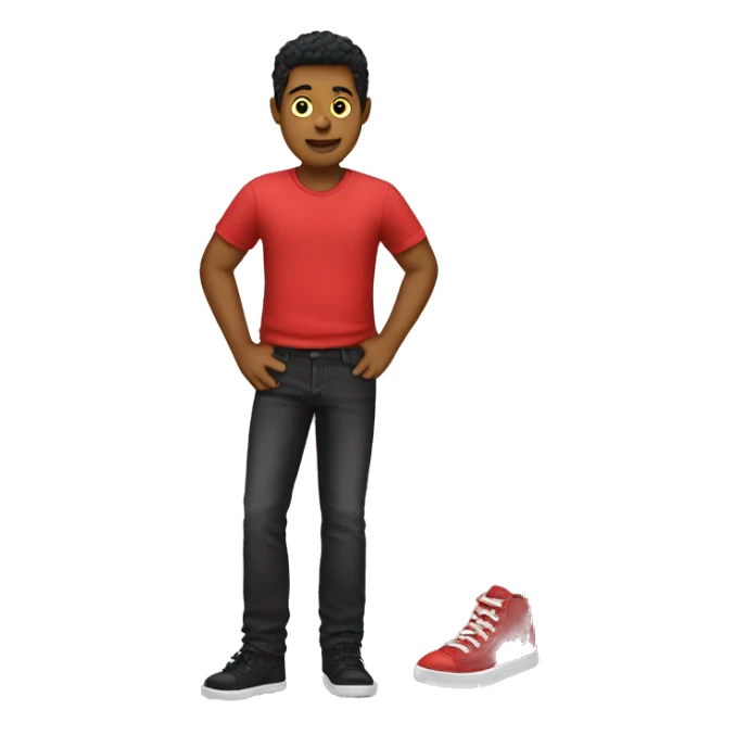 generate a boy with red shirt and black jean with yellow shoe sticker