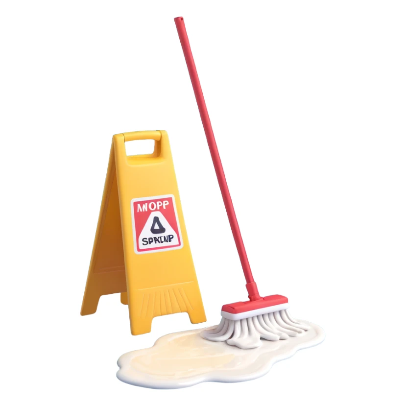 A simple mop cleaning a flat syrup spill on the floor, not inside a jar, in microsoft style 3d fluent emoji style, transparent background. sticker