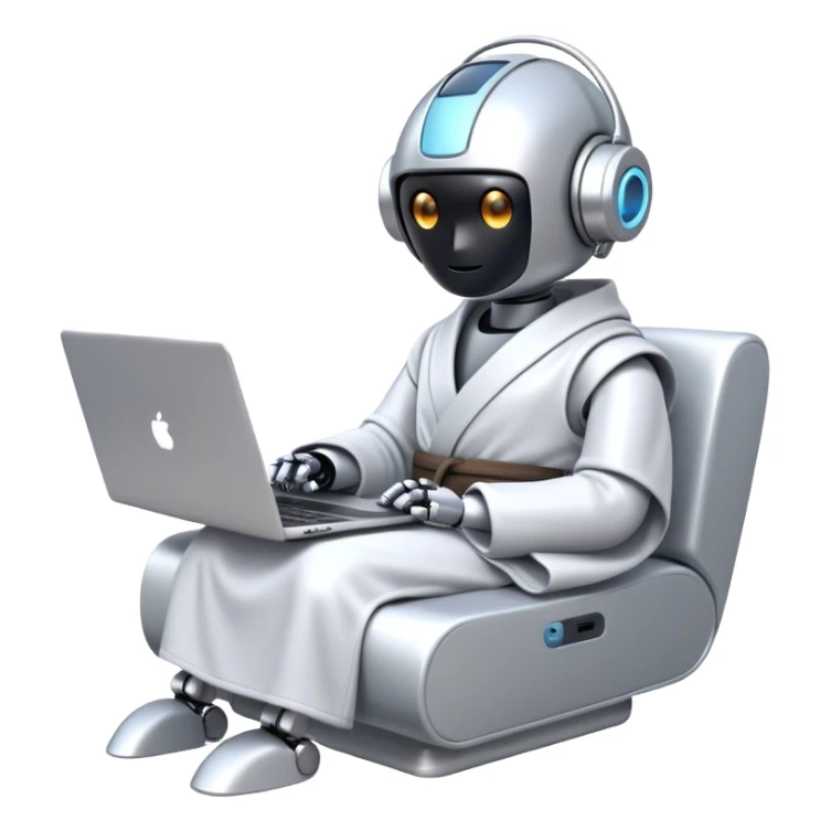 Emoji of a remote-working robot in a cozy smooth bathrobe with a laptop. The robot has a sleek helmet-like head with LED digital eyes. Relaxed yet high-tech vibe. sticker