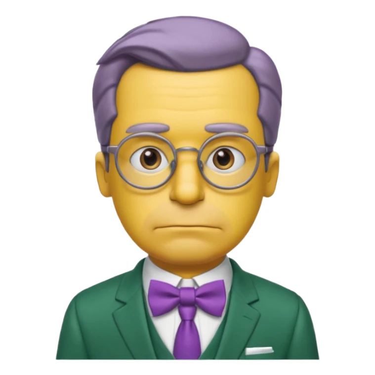 simpsons yellow man with neatly parted brown-gray hair, thick rectangular eyebrows, large round eyes behind thin glasses, a pointed nose, and a green suit with a white collar and purple bow tie. sticker