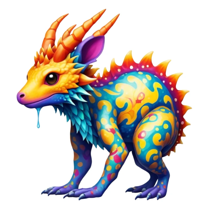 a colorful edgy vernid-fionbri-creature with splash patterns full body sticker
