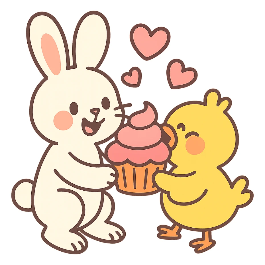 bunny and chick sharing cupcake with hearts floating, pastel-toon style sticker