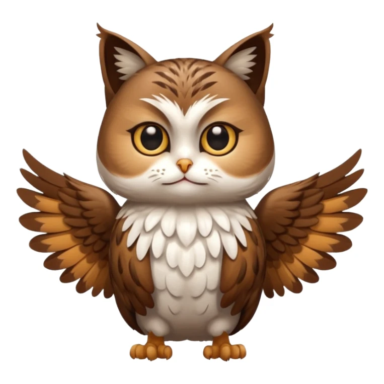 crea un gato con alas de búho con pelaje color cafe y blanco y que este con las alas cerradas y sin ningun objeto en las alas sticker