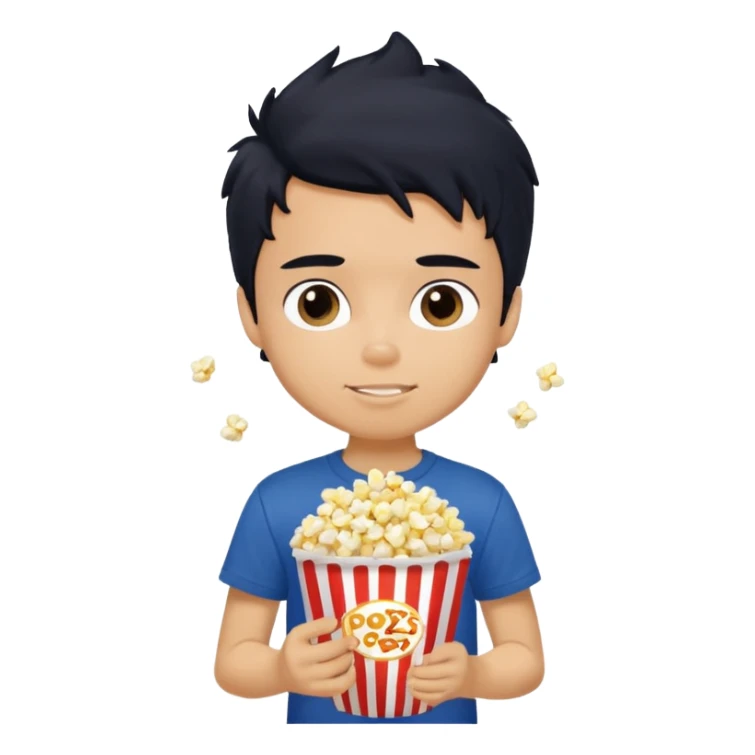 generate a pretty tan bratz boy with a dark blue tshirt on. eating popcorn. messy black hair sticker