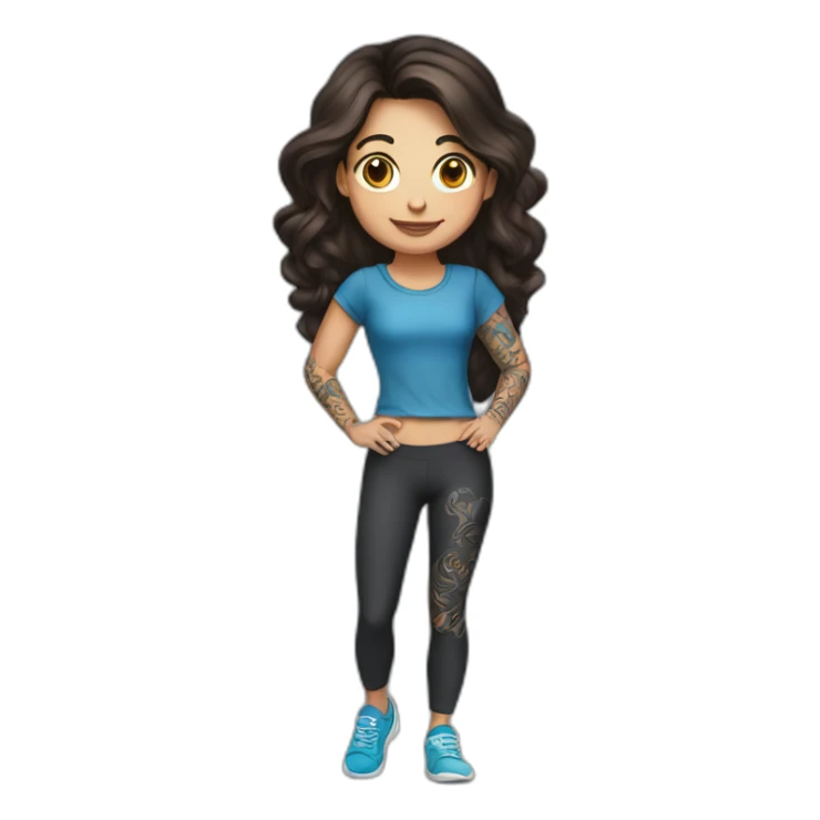 Short brunette, leggings, blue walking shoes, tattoo sleeve, holding laptop sticker