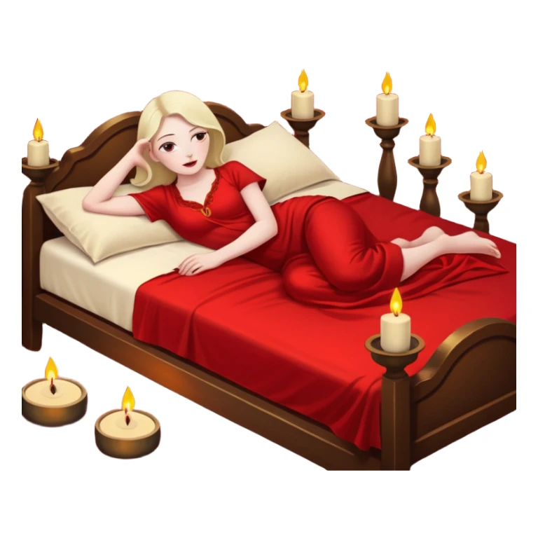Low bed, red sheets, candles everywhere, woman reclining in shadowed control sticker