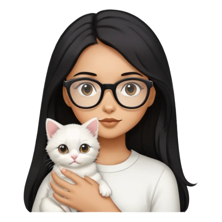 Girl with long black hair and glasses holding a white kitten sticker