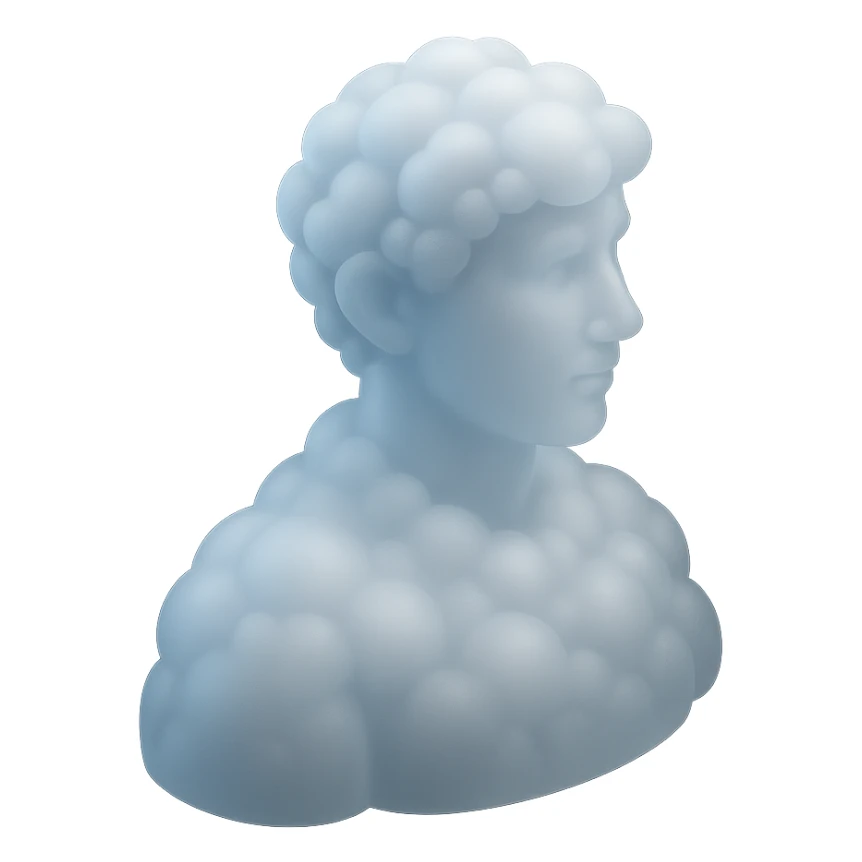 A person from the shoulders up, entirely composed of fluffy white convex clouds, looking to the left sticker