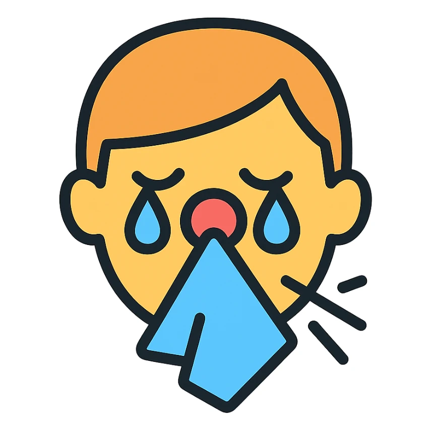 allergic face with red nose, watery eyes, sneezing, color outline icon style sticker