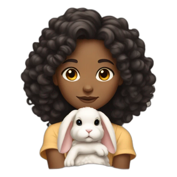 black woman dark long curly hair holding chubby floppy eared tan rabbit cute sticker