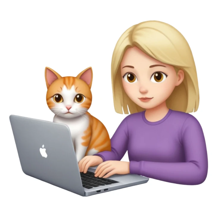 A girl is working on a laptop with a cat lying next to it sticker