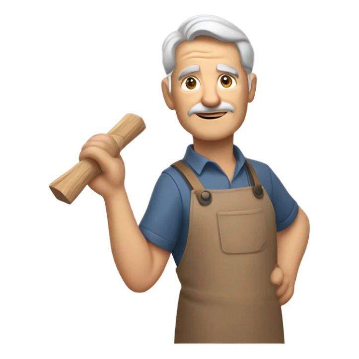 "A older man with rough hands, short light brown hair, and a friendly, naive expression. He wears a work apron over simple clothes and holds a hammer or wood in a rustic workshop." sticker
