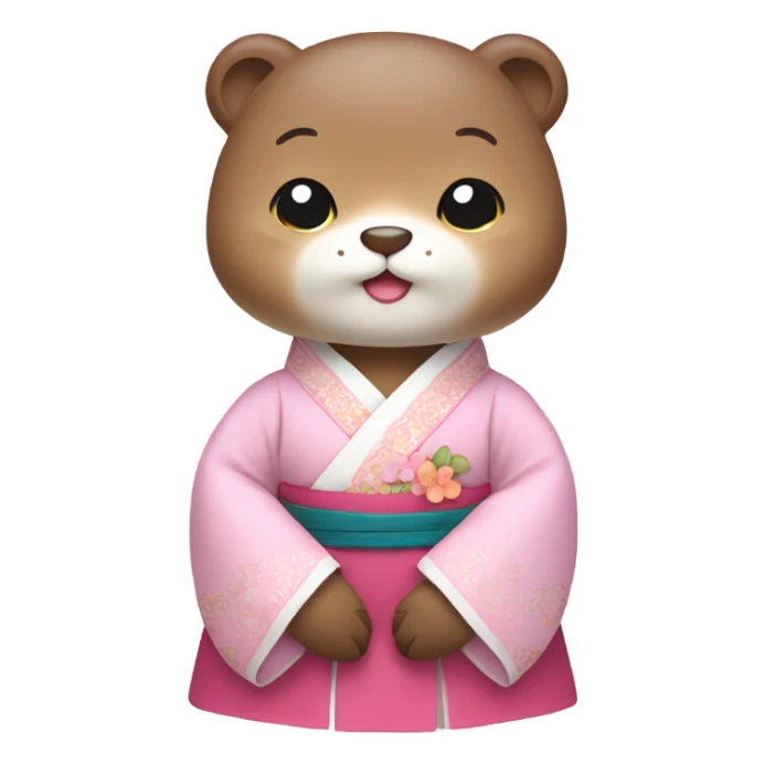 An apple otter emoji face dressed in pastel-colored traditional Korean hanbok sticker