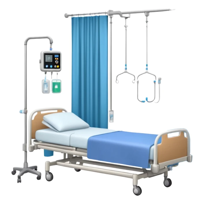 A clean patient room with hospital bed, curtain divider, and IV stand.
 sticker