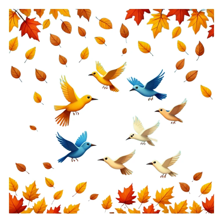 birds flying away in autumn with colorful fall leaves, simple and expressive sticker