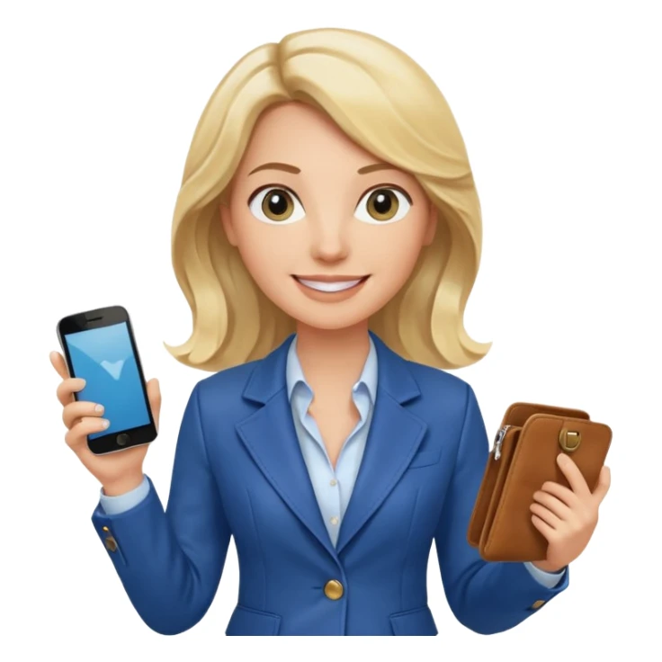 Confident and outgoing female entrepreneur, Caucasian features, medium-length wavy blonde hair, big friendly smile, expressive eyes, wearing a fitted blue blazer over a light blouse, holding a smartphone in one hand and a leather handbag in the other, waist-up, front-facing sticker
