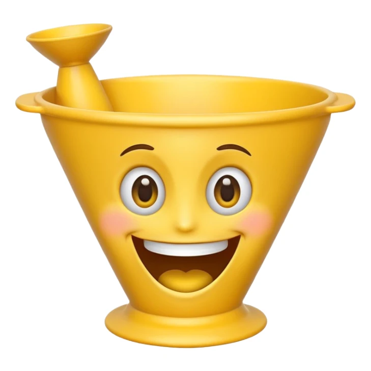 Crazy laughing emoji on upside-down kitchen funnel on its head (not a hat), wide smile, big eyes, cartoon emoji style, bright colors. sticker