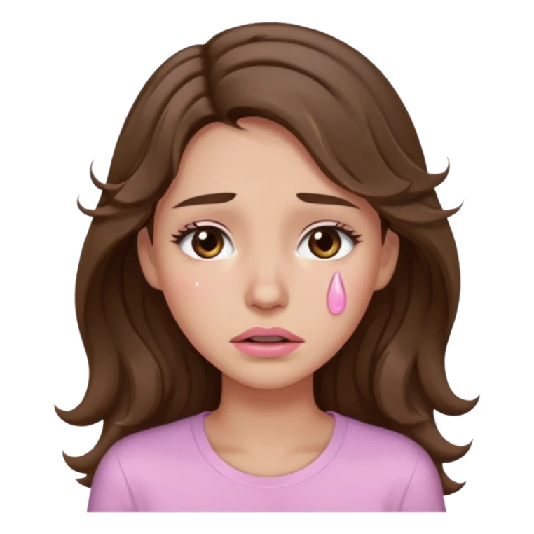 girl with wavy long brown hair, brown eyes, light to medium complexion, long lashes, light pink lipstick, wearing light pink shirt, weeping with big tears sticker