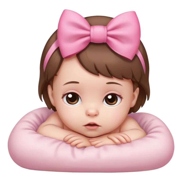 White newborn baby with brown hair and pink bow sticker