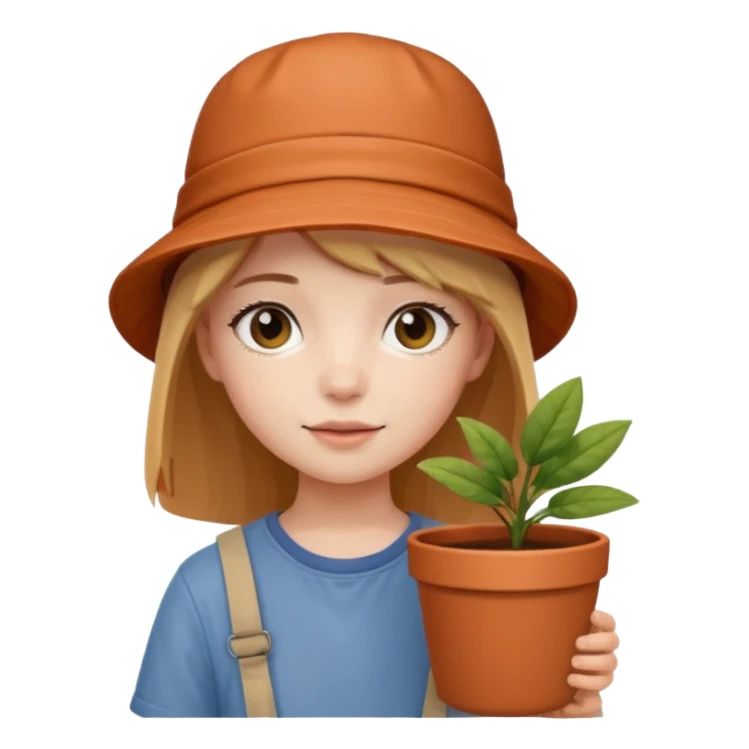 young girl wearing bucket hat, holding a plant pot sticker