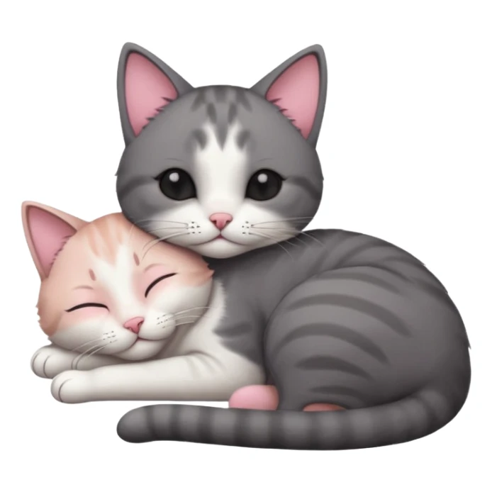 dark grey and white small cat with eyes closed, leaning his head on his paw while leaning on his elbow lying down sticker