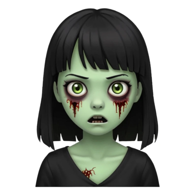 faça uma garota na forma de zumbi com a pele verde, assustada e com os olhos escurod, com o cabelo preto com franja e longo e a roupa decotada preta sticker