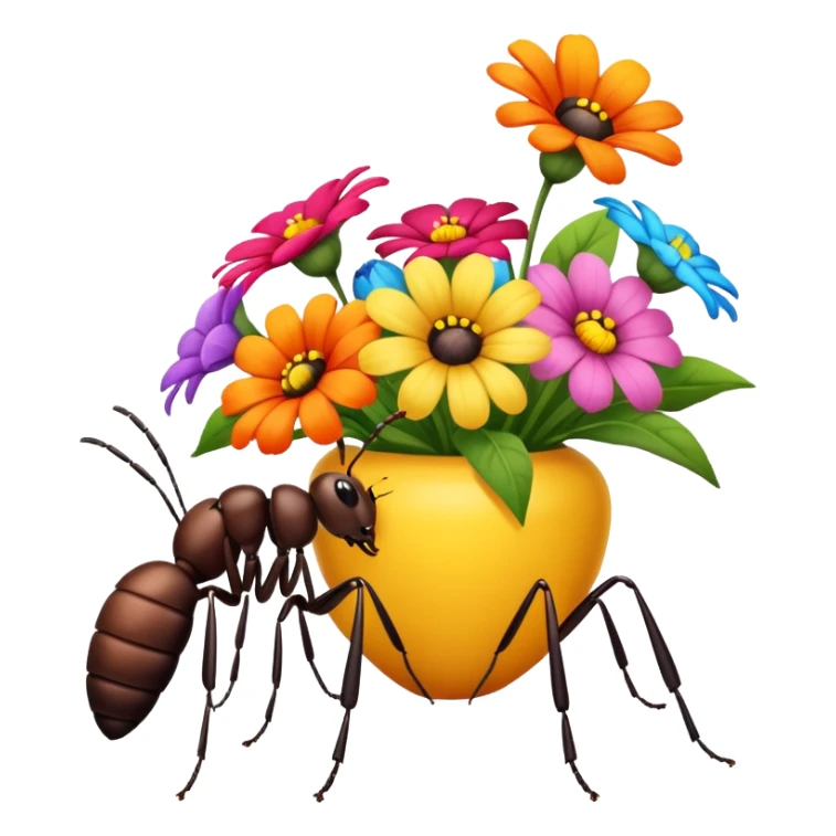 a table with a bouquet of flowers on top and an ant underneath sticker