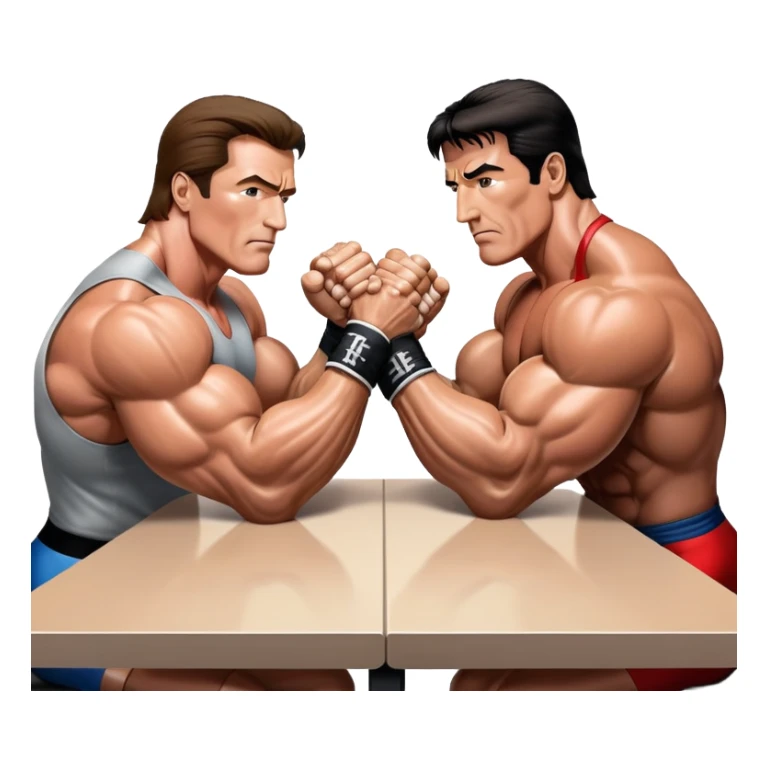 Arnold Schwarzenegger VS Sylvester Stallone from 'Over the Top,' locked in an arm wrestling battle, using only their right hands. Their left hands rest on the table. Both display immense strength, with muscular arms flexing, under bright competition lights. Transparent background. sticker