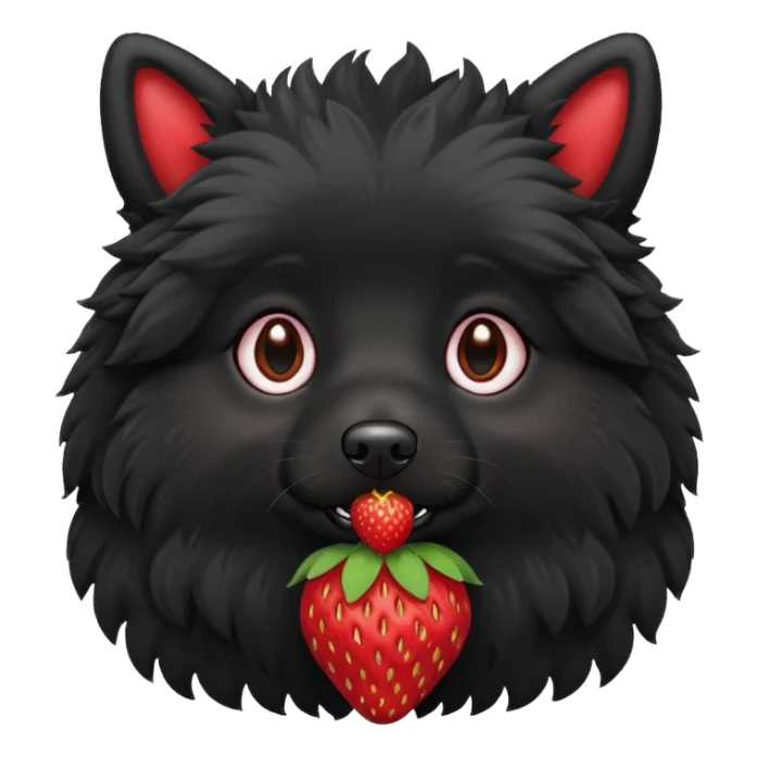 A black fluffy dog with a strawberry sticker