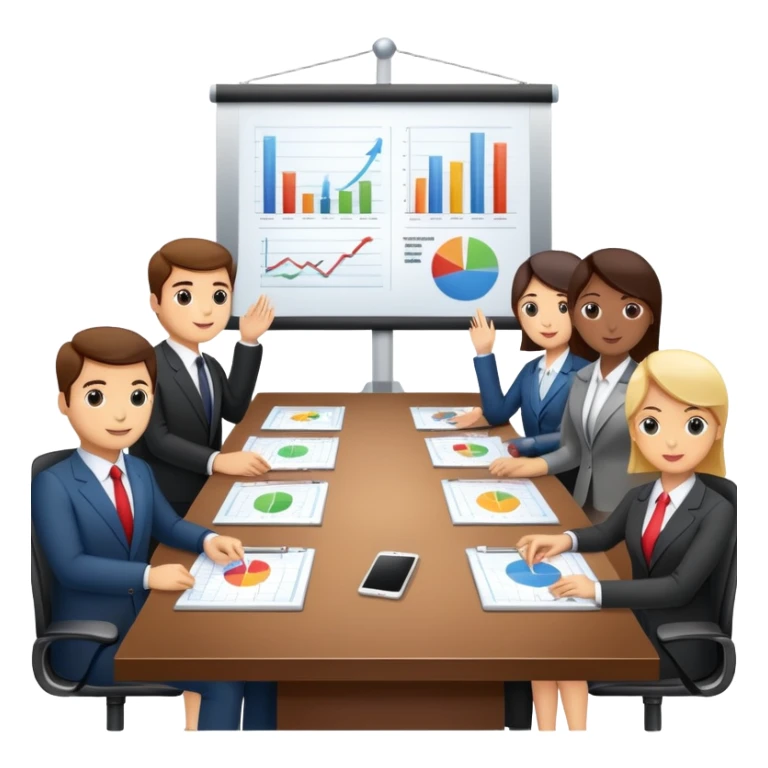 boardroom meeting with people presenting charts on a large table sticker