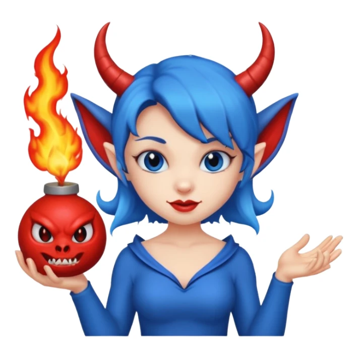 Female devil Cute blue imp holding fireball,  cute face, half body sticker