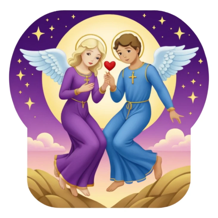 The Lovers tarot card emoji, inspired by Rider Waite Smith deck, two figures with angel above, concise, colorful sticker