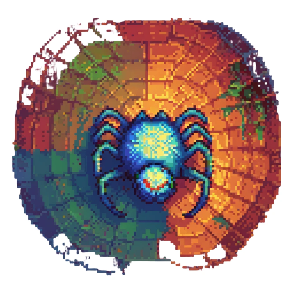 pixel art glowing spider with a heat map effect, vibrant colors, pixelated style sticker