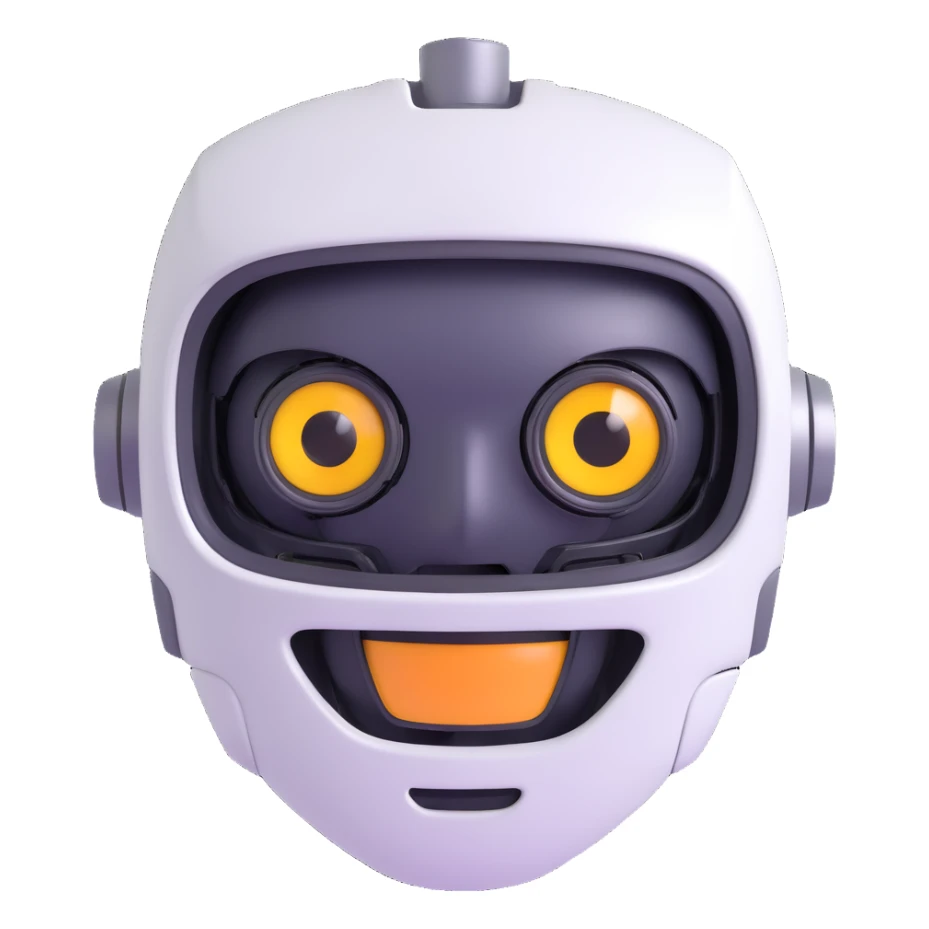 AI emoji, robot face, digital eyes, cheerful expression sticker