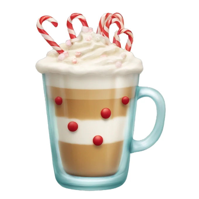 A glass with latte inside with small candy canes ornaments on the glass sticker