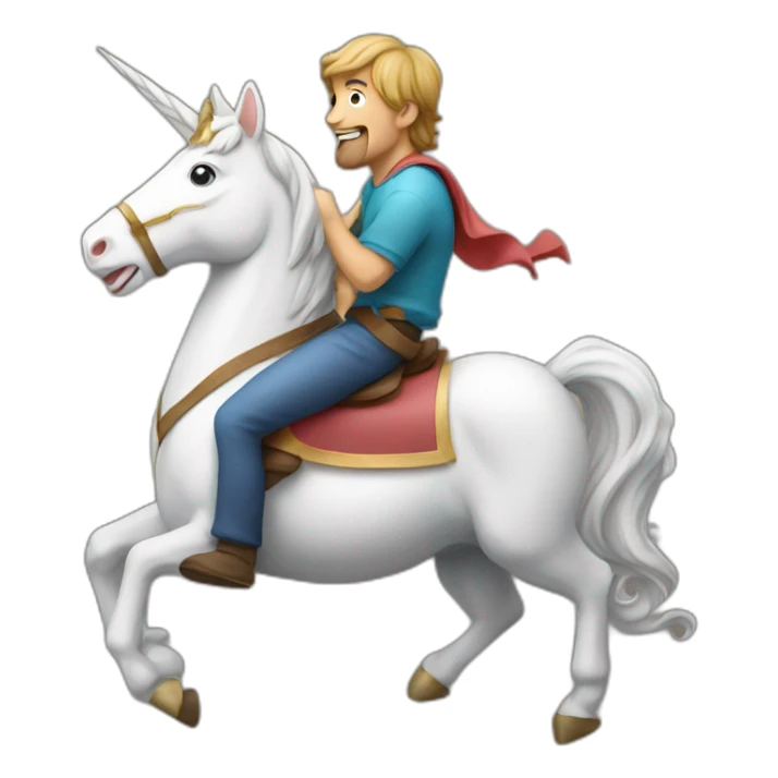 A bold guy riding a unicorn with paper in its mouth sticker