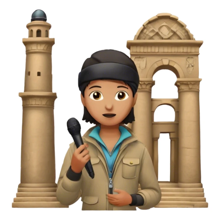 Icon for Documentary Film: A TV-style design with a traveler speaking in front of ancient ruins. Include details like a microphone, the traveler in casual explorer attire, and the ruins in the background. Capture the atmosphere of an informative journey through history. Transparent background. sticker