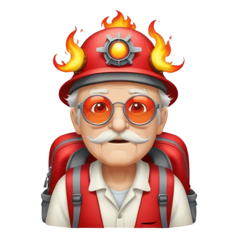 Old man wearing flaming glasses, a propeller hat, and a red backpack sticker